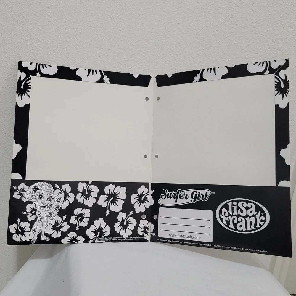 Lisa Frank Surfer Girl Fuzzy 2 Pocket Folder Hibiscus Vintage Y2K Black White